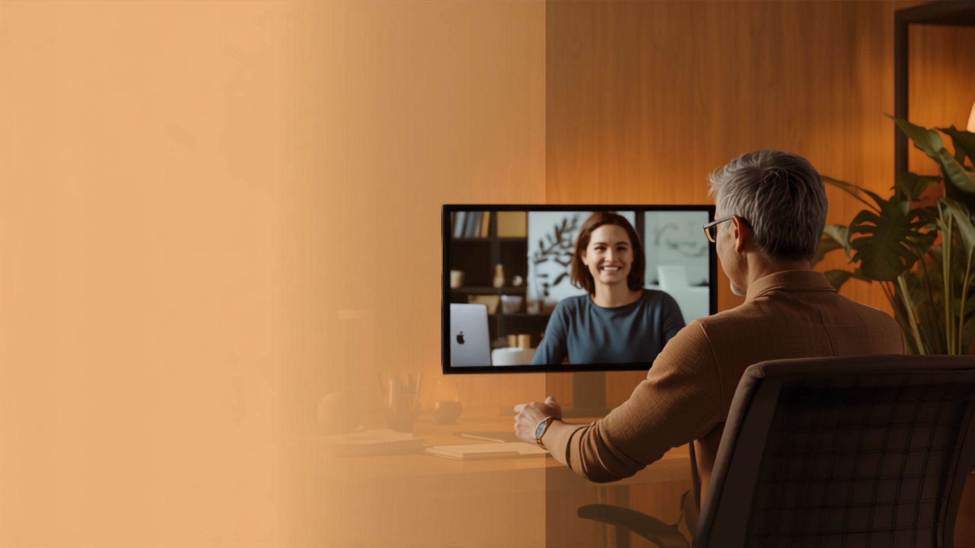 Technology consultant holding a welcoming discovery call from a warm studio office
