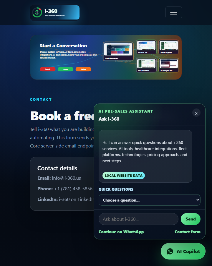 AI Pre-Sales 360 copilot open on the i-360 contact page