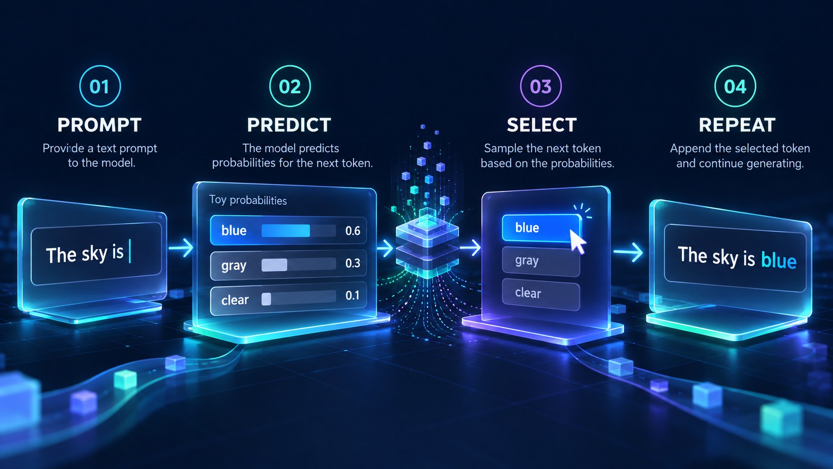 The next-token prediction loop: prompt, predict, select, and repeat