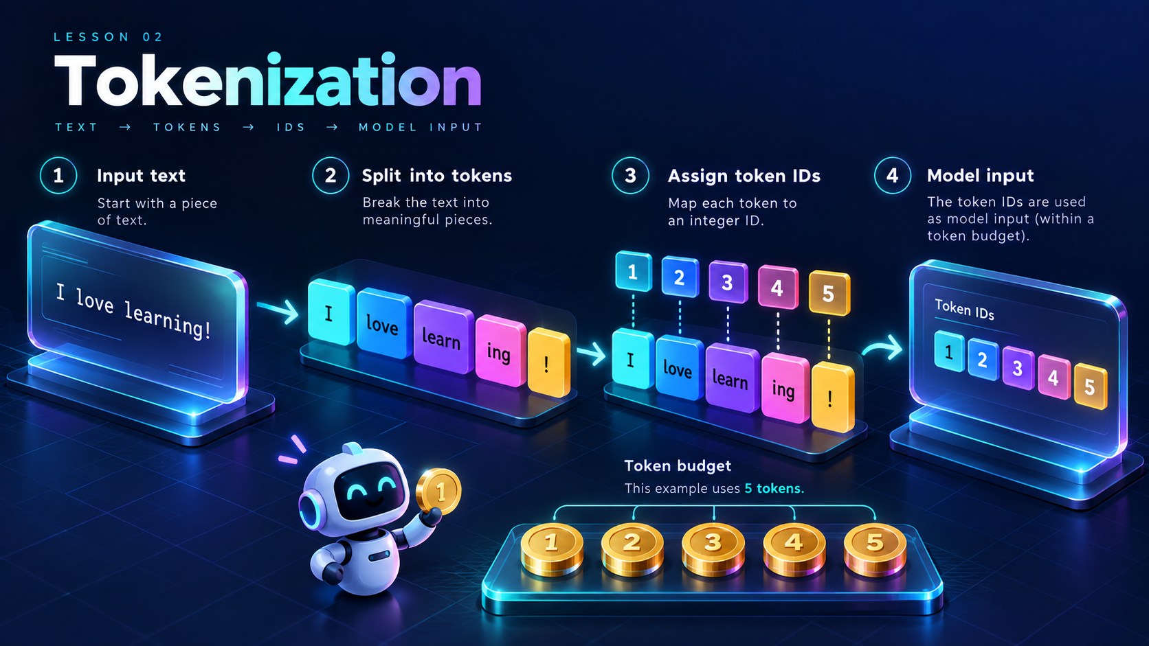 Tokenization in LLMs: Text: I love learning!; Pieces: I / love / learn / ing / !; IDs: 1 / 2 / 3 / 4 / 5; Budget: 5 tokens in this toy split