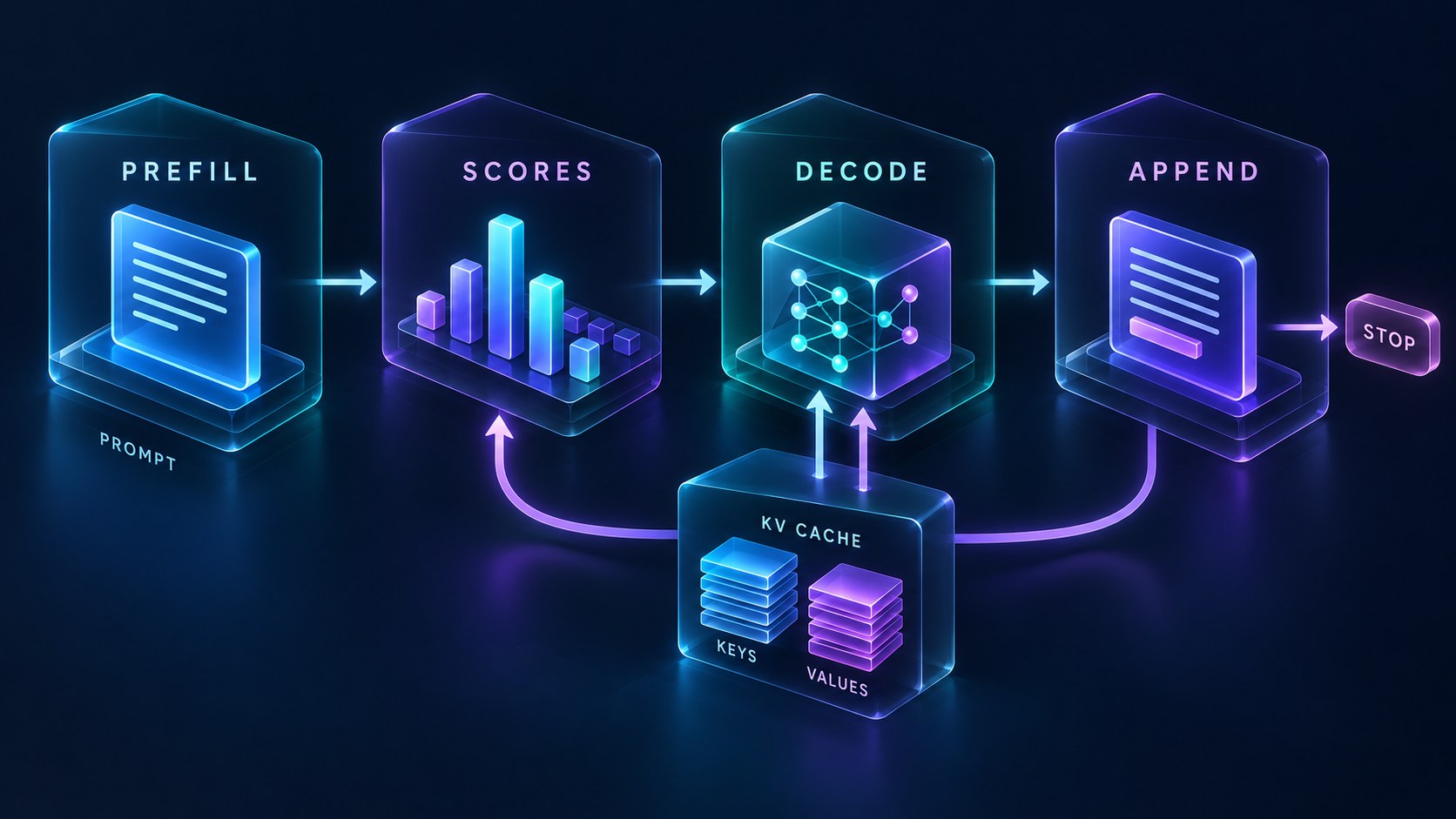 Inference and Text Generation: Prefill: Read the prompt once; Scores: Produce next-token logits; Decode: Greedy or filtered sampling; Loop: Append until a stop condition